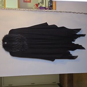 Dana Stein Detatchable Fur Trim Fringe Sweater Shawl NWOT